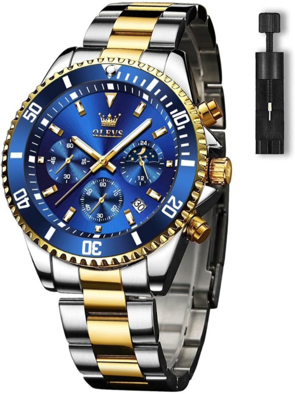 Men's Blue Premium Gold and Silver Stainless Analog Rotatable Bezel Steel Watch